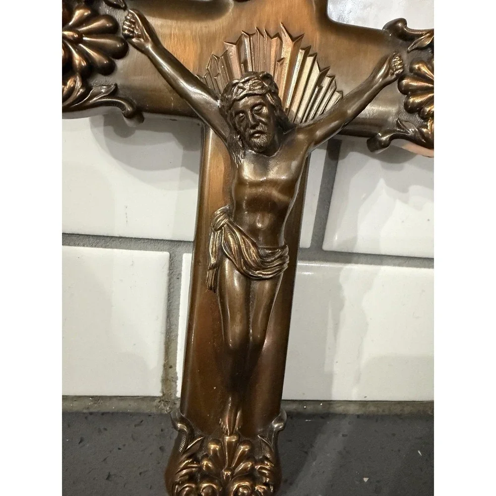 Vtg Crucifix Cross Wall Hanging Metal Copper Jesus Religious